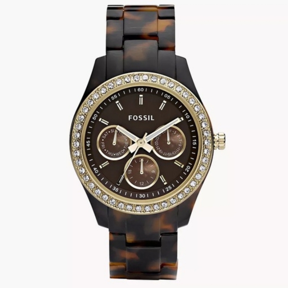 Fossil Women's Tortoise Acetate Watch with Gold Crystal Bezel